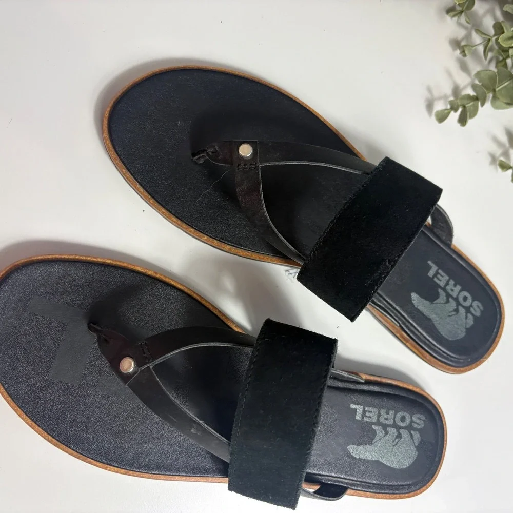 Sorel Ella II Sandal Black‎ Leather Suede Thong Slide Womens 8.5